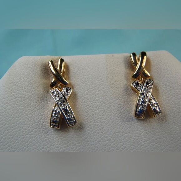 Beautiful 14K Gold Over Sterling Silver X DIAMOND STUD DANGLE Earrings - Picture 2 of 8